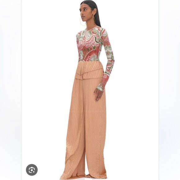 $284 Andrea lyamah Toffee Satin Pleated Linea Pant NWT - Picture 5 of 9